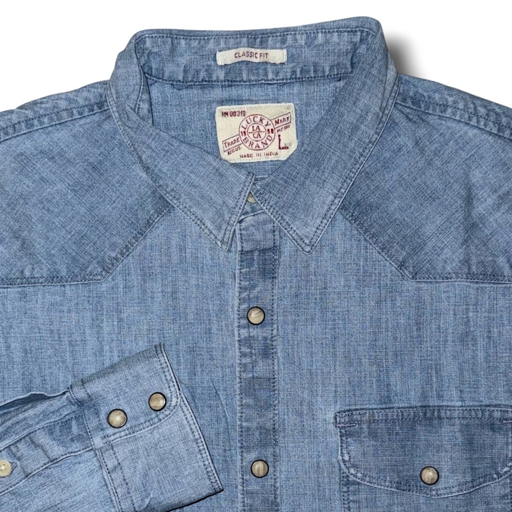 Lucky Brand Mens Western Snap Front Shirt Blue Classic Fit Large Long Sleeve
